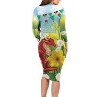 Wales Saint David's Day Long Sleeve Bodycon Dress Dydd Gwyl Dewi Hapus Dragon Daffodil - Wonder Print Shop