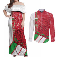 Wales Football Custom Couples Matching Off Shoulder Maxi Dress and Long Sleeve Button Shirt 2026 Come On Cymru Grunge Style - Wonder Print Shop