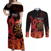 Wales Darts Couples Matching Off Shoulder Maxi Dress and Long Sleeve Button Shirt Cymru Dragon Gem Ymlaen Flaming Vibes - Wonder Print Shop