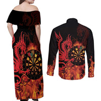 Wales Darts Couples Matching Off Shoulder Maxi Dress and Long Sleeve Button Shirt Cymru Dragon Gem Ymlaen Flaming Vibes - Wonder Print Shop