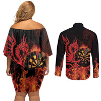 Wales Darts Couples Matching Off Shoulder Short Dress and Long Sleeve Button Shirt Cymru Dragon Gem Ymlaen Flaming Vibes - Wonder Print Shop