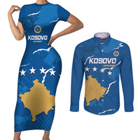 Custom Kosovo Football Couples Matching Short Sleeve Bodycon Dress and Long Sleeve Button Shirt Come On Dardanet