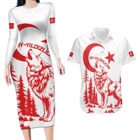Custom Turkey Football Couples Matching Long Sleeve Bodycon Dress and Hawaiian Shirt Turkyie Wolf With Crescent-Stars