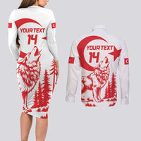 Custom Turkey Football Couples Matching Long Sleeve Bodycon Dress and Long Sleeve Button Shirt Turkyie Wolf With Crescent-Stars