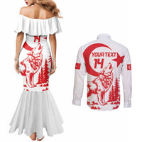 Custom Turkey Football Couples Matching Mermaid Dress and Long Sleeve Button Shirt Turkyie Wolf With Crescent-Stars