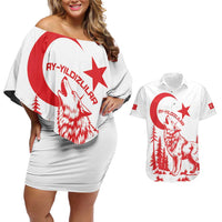 Custom Turkey Football Couples Matching Off Shoulder Short Dress and Hawaiian Shirt Turkyie Wolf With Crescent-Stars