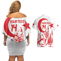 Custom Turkey Football Couples Matching Off Shoulder Short Dress and Hawaiian Shirt Turkyie Wolf With Crescent-Stars