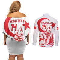 Custom Turkey Football Couples Matching Off Shoulder Short Dress and Long Sleeve Button Shirt Turkyie Wolf With Crescent-Stars