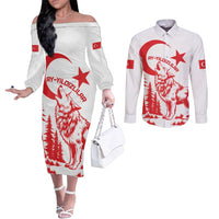 Custom Turkey Football Couples Matching Off The Shoulder Long Sleeve Dress and Long Sleeve Button Shirt Turkyie Wolf With Crescent-Stars