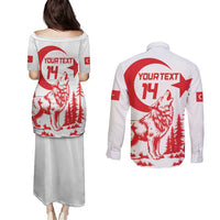 Custom Turkey Football Couples Matching Puletasi and Long Sleeve Button Shirt Turkyie Wolf With Crescent-Stars