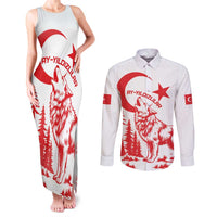 Custom Turkey Football Couples Matching Tank Maxi Dress and Long Sleeve Button Shirt Turkyie Wolf With Crescent-Stars