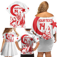 Custom Turkey Football Family Matching Off Shoulder Short Dress and Hawaiian Shirt Turkyie Wolf With Crescent-Stars