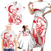Custom Turkey Football Family Matching Short Sleeve Bodycon Dress and Hawaiian Shirt Turkyie Wolf With Crescent-Stars