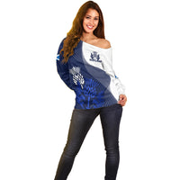 (Custom Text And Number) Scotland Rugby Off Shoulder Sweater Thistle Unique Go Scottish Blue Version - Wonder Print Shop