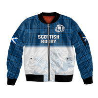 (Custom Text And Number) Scotland Rugby Sleeve Zip Bomber Jacket Thistle Mix Tartan Scottish Map Sporty Version Blue - Wonder Print Shop