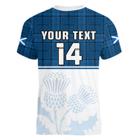 (Custom Text And Number) Scotland Rugby Women V Neck T Shirt Thistle Mix Tartan Scottish Map Sporty Version Blue - Wonder Print Shop