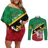 Custom Saint Kitts and Nevis Cricket Couples Matching Off Shoulder Short Dress and Long Sleeve Button Shirt Go Champions Patriots