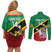 Custom Saint Kitts and Nevis Cricket Couples Matching Off Shoulder Short Dress and Long Sleeve Button Shirt Go Champions Patriots