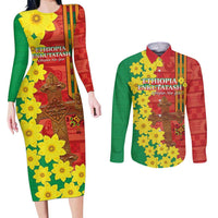 Enkutatash Ethiopia Couples Matching Long Sleeve Bodycon Dress and Long Sleeve Button Shirt Melkam Addis Amet Adey Abeba Flower - Wonder Print Shop