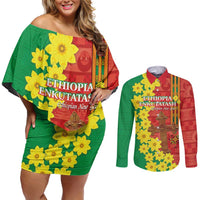 Enkutatash Ethiopia Couples Matching Off Shoulder Short Dress and Long Sleeve Button Shirt Melkam Addis Amet Adey Abeba Flower - Wonder Print Shop