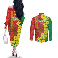 Enkutatash Ethiopia Couples Matching Off The Shoulder Long Sleeve Dress and Long Sleeve Button Shirt Melkam Addis Amet Adey Abeba Flower