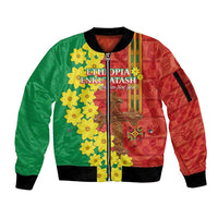 Enkutatash Ethiopia Sleeve Zip Bomber Jacket Melkam Addis Amet Adey Abeba Flower - Wonder Print Shop