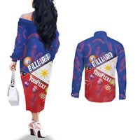 Personalised Philippines Billiards Couples Matching Off The Shoulder Long Sleeve Dress and Long Sleeve Button Shirt Cue With Balls Flag Style - Wonder Print Shop