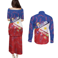 Personalised Philippines Billiards Couples Matching Puletasi and Long Sleeve Button Shirt Cue With Balls Flag Style - Wonder Print Shop