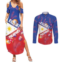 Personalised Philippines Billiards Couples Matching Summer Maxi Dress and Long Sleeve Button Shirt Cue With Balls Flag Style - Wonder Print Shop