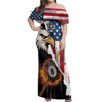 Personalized United States Billiards Off Shoulder Maxi Dress Eagle On Fire 8 Ball - Wonder Print Shop