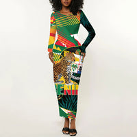 Personalized Benin Independence Day Long Sleeve Bodycon Dress Coat Of Arms Leopard Oil Palm Leaves