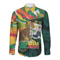 Personalized Benin Independence Day Long Sleeve Button Shirt Coat Of Arms Leopard Oil Palm Leaves