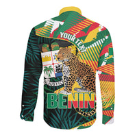 Personalized Benin Independence Day Long Sleeve Button Shirt Coat Of Arms Leopard Oil Palm Leaves