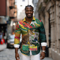 Personalized Benin Independence Day Long Sleeve Button Shirt Coat Of Arms Leopard Oil Palm Leaves