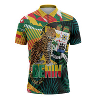 Personalized Benin Independence Day Zipper Polo Shirt Coat Of Arms Leopard Oil Palm Leaves