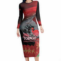 Personalized Trinidad and Tobago Independence Day Long Sleeve Bodycon Dress Scarlet Ibis And Chaconia Flowers