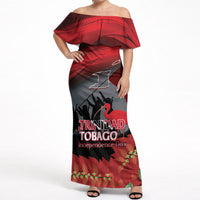 Personalized Trinidad and Tobago Independence Day Off Shoulder Maxi Dress Scarlet Ibis And Chaconia Flowers