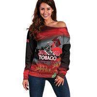 Personalized Trinidad and Tobago Independence Day Off Shoulder Sweater Scarlet Ibis And Chaconia Flowers