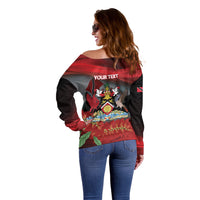 Personalized Trinidad and Tobago Independence Day Off Shoulder Sweater Scarlet Ibis And Chaconia Flowers