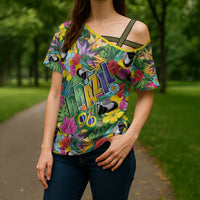 Macaw Parrot Brazil Cross Shoulder Shirt Maracas Seamless Tropical Flowers