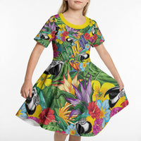 Macaw Parrot Brazil Kid Short Sleeve Dress Maracas Seamless Tropical Flowers