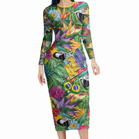 Macaw Parrot Brazil Long Sleeve Bodycon Dress Maracas Seamless Tropical Flowers