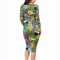 Macaw Parrot Brazil Long Sleeve Bodycon Dress Maracas Seamless Tropical Flowers