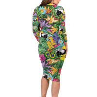 Macaw Parrot Brazil Long Sleeve Bodycon Dress Maracas Seamless Tropical Flowers