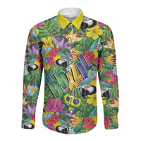 Macaw Parrot Brazil Long Sleeve Button Shirt Maracas Seamless Tropical Flowers