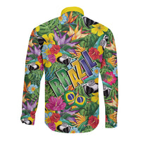 Macaw Parrot Brazil Long Sleeve Button Shirt Maracas Seamless Tropical Flowers