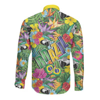 Macaw Parrot Brazil Long Sleeve Button Shirt Maracas Seamless Tropical Flowers