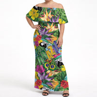 Macaw Parrot Brazil Off Shoulder Maxi Dress Maracas Seamless Tropical Flowers