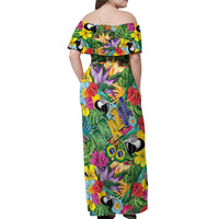 Macaw Parrot Brazil Off Shoulder Maxi Dress Maracas Seamless Tropical Flowers