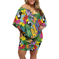 Macaw Parrot Brazil Off Shoulder Short Dress Maracas Seamless Tropical Flowers